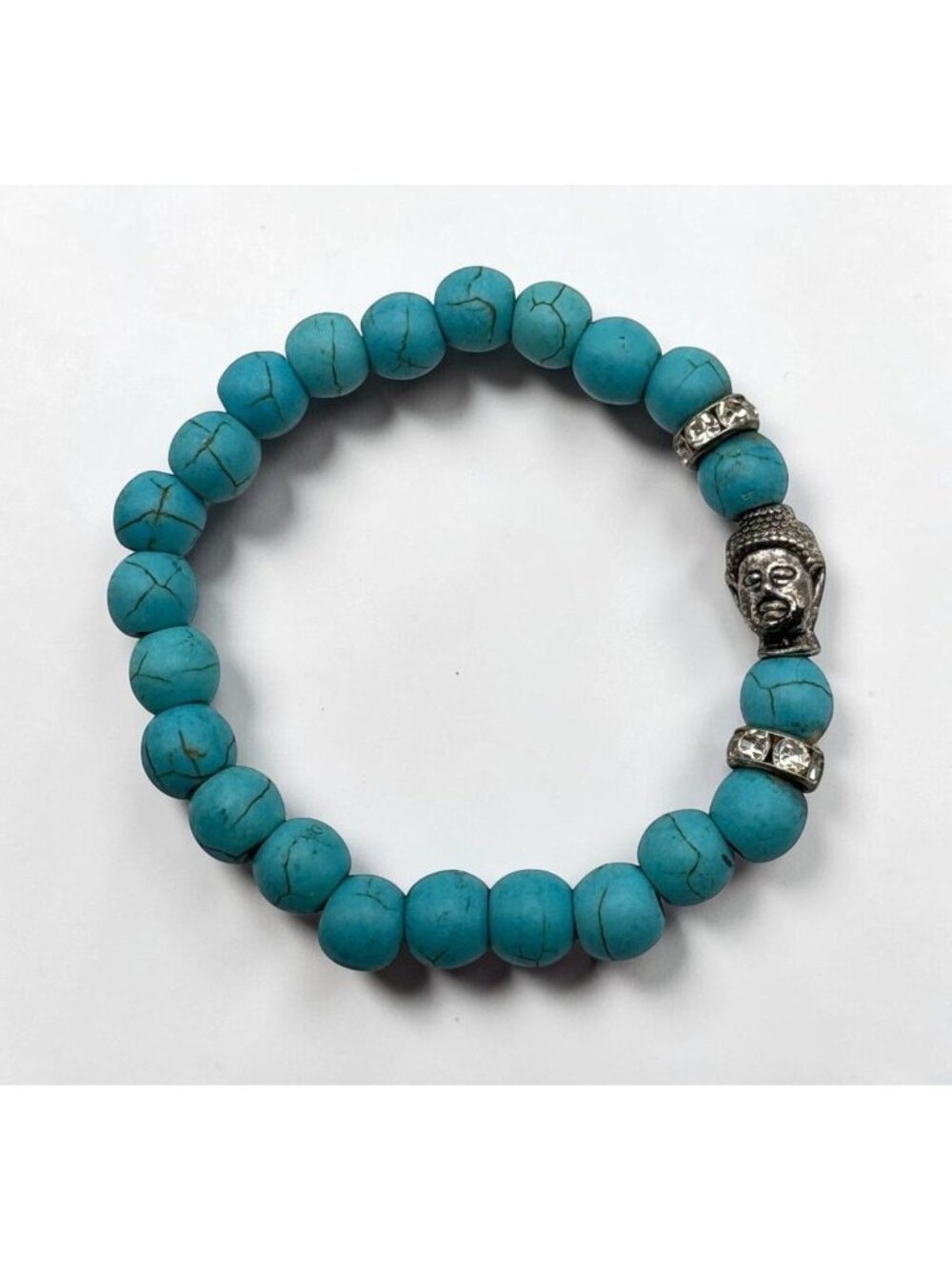 Faux Turquoise Buddha Beaded Stretch Bracelet Silver Tone Rhinestone Yoga Boho